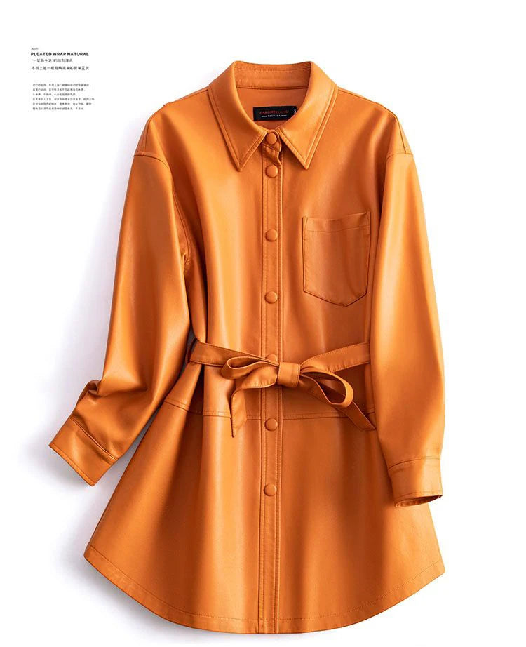 Women's Sheepskin Coat 2024 Autumn New Real Split Sheep Leather Ladies Mid-length Single-Breasted Belt Casual Jacket Outwear