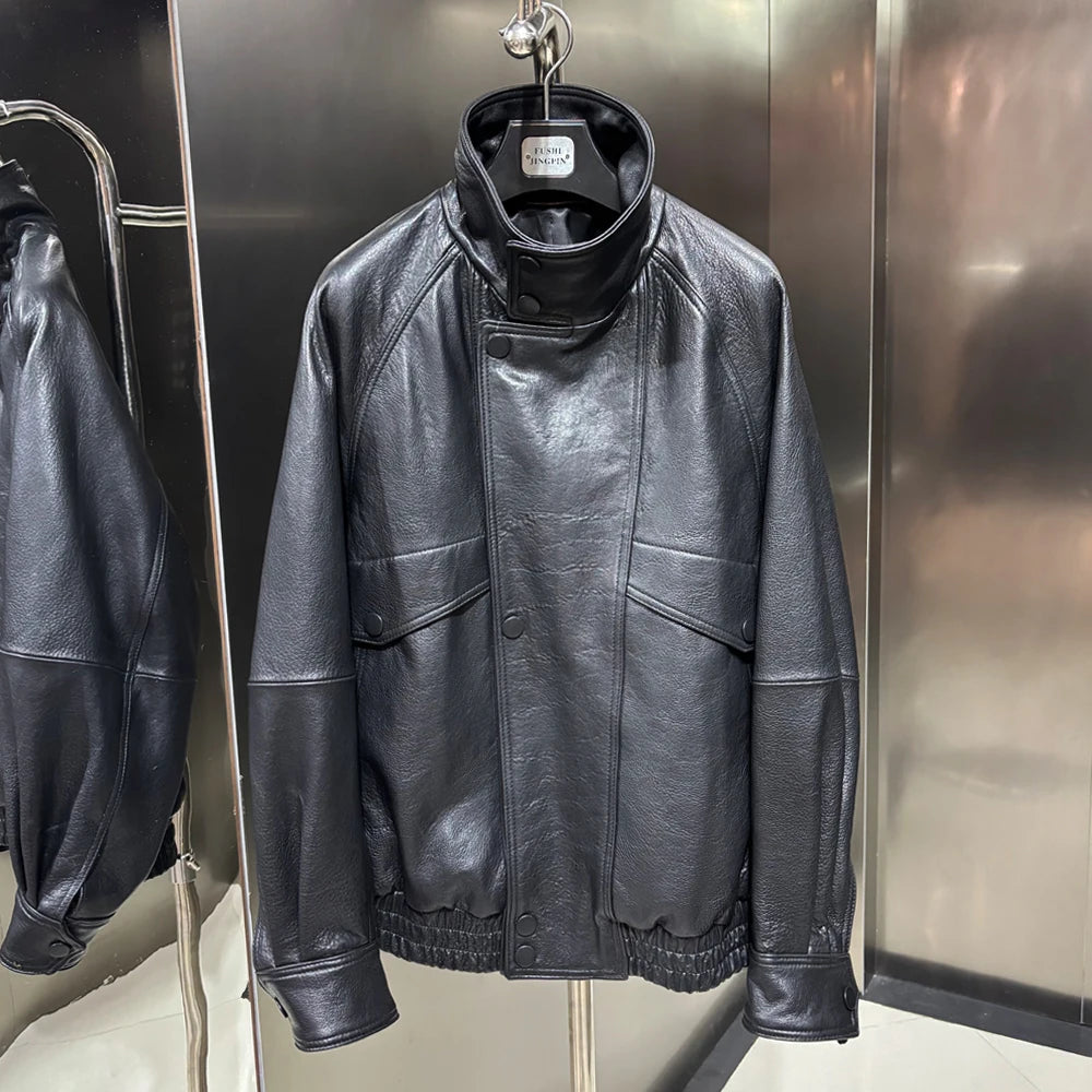 2025 Black Grained Leather Jacket Oversized Leather Coat Stand Collar Real Sheepskin Coat