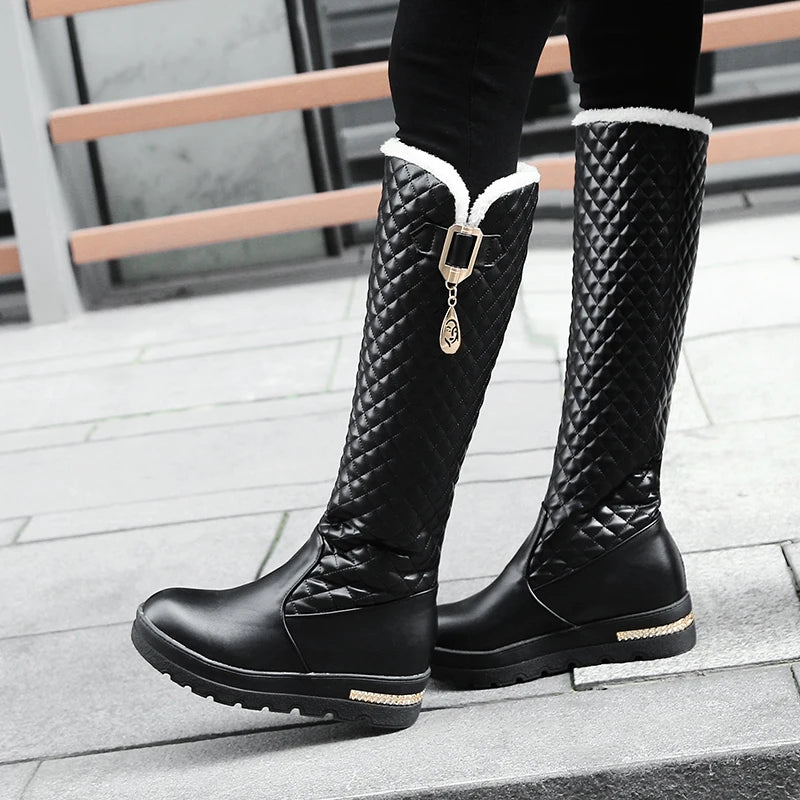 Raised Checkerboard With Metal Square Buckle Warmth Plush Lining Women's Snow Boots Flat Bottoms Elevated Knee Length Boots