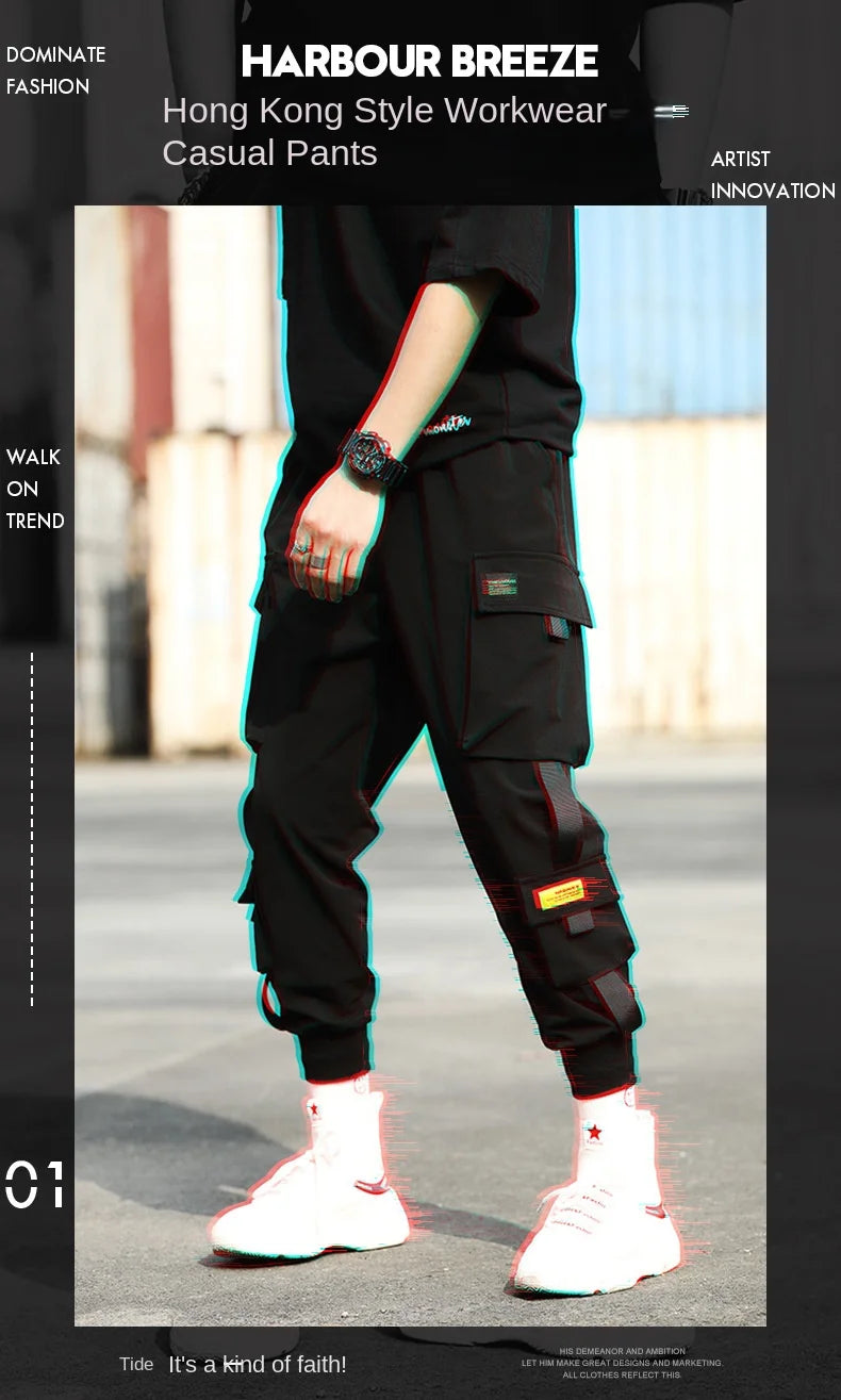 2024 Spring Autumn New Men's Korean Fashion Multi-pocket Loose Ins Nine-minute Drawstring Leg Work Pants Casual Daily Sweatpants