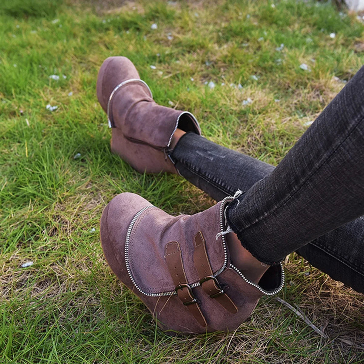 2025 Modern High-heel Boots for Women Ankle Wedges Suede Ladies Shoes Splicing Fake Zip Belt Buckle Height Increasing Daily Wear