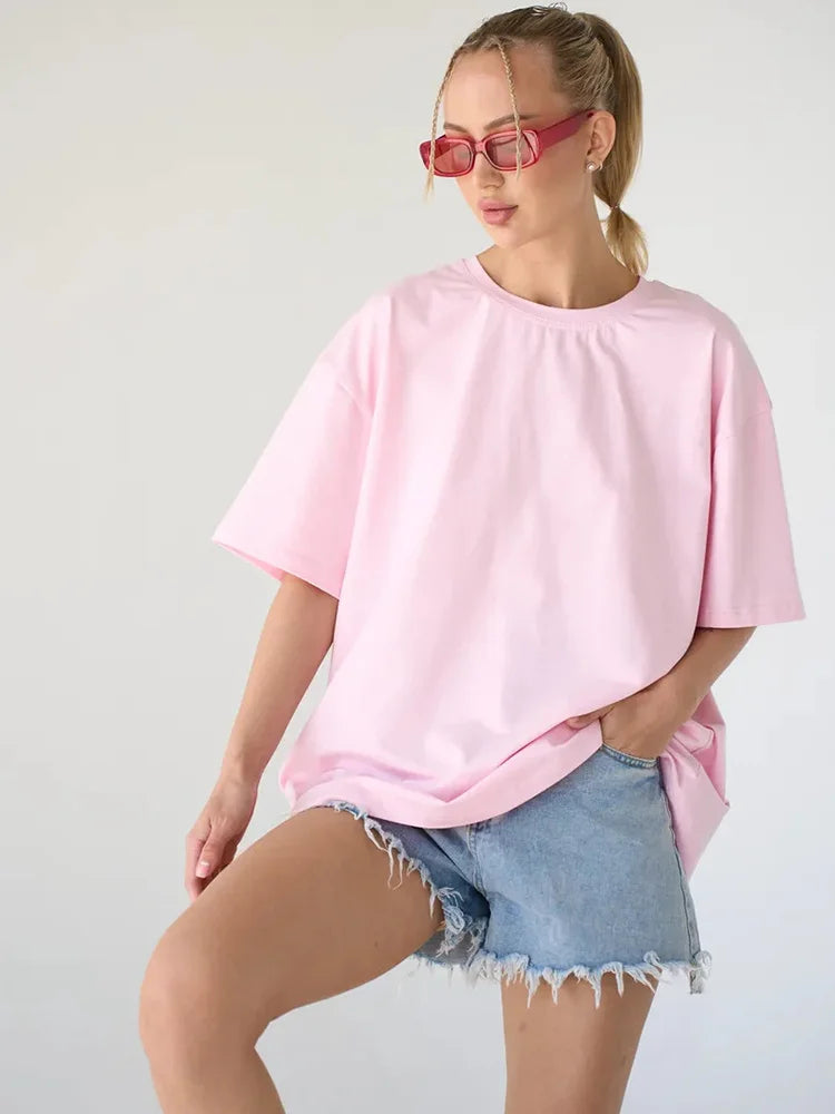 Summer Women T Shirts Oversized Cotton White Short Sleeve Baggy Tops For woman Summer Plain Loose Pink Tshirt Oversize Blue