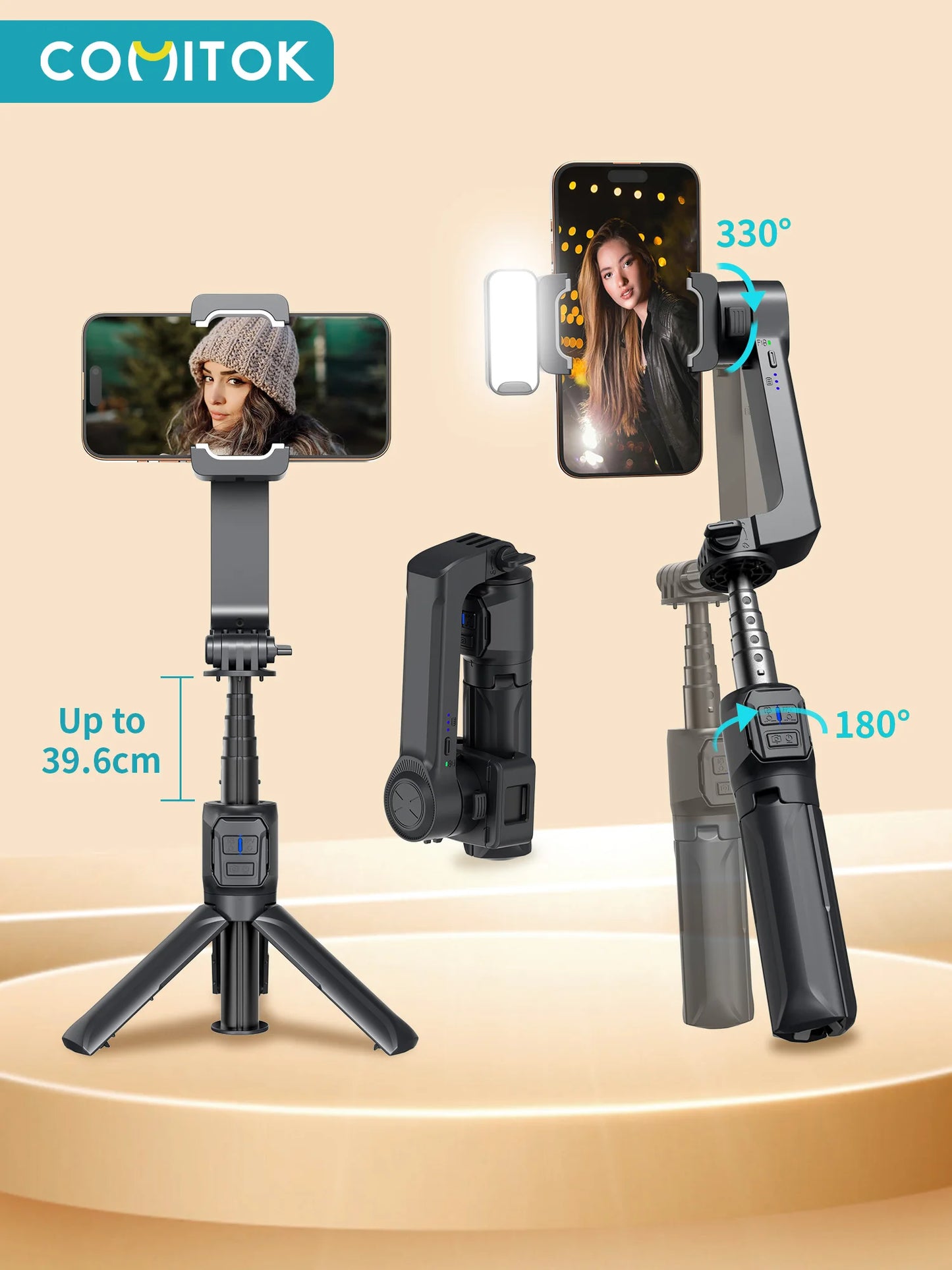 Gimbal Stabilizer Fill Light Selfie Stick Foldable Wireless Tripod with Bluetooth Shutter Monopod for IOS Android Live Streaming