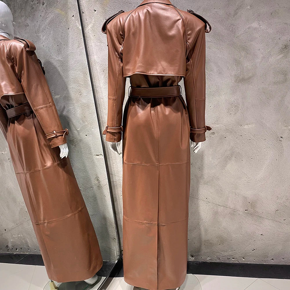 YOLOAgain 150cm Extra Length Real Leather Trench Coat Women Double Breasted Suede Coat Female