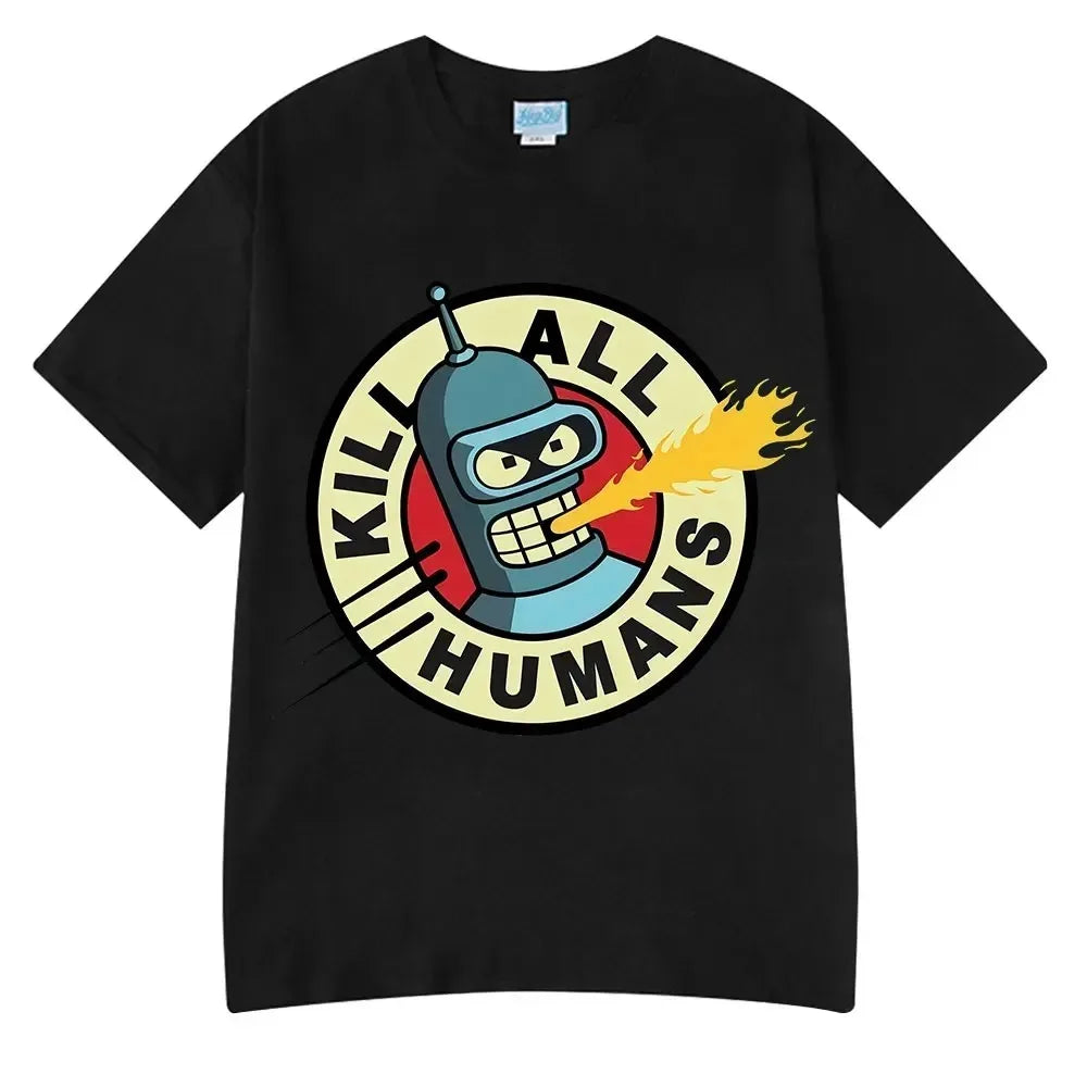 Summer Fashion Hot Save The Planet Kill All Humans Funny Tops Robot Print Oversized T-Shirts Men Women Short Sleeve Cotton Tops