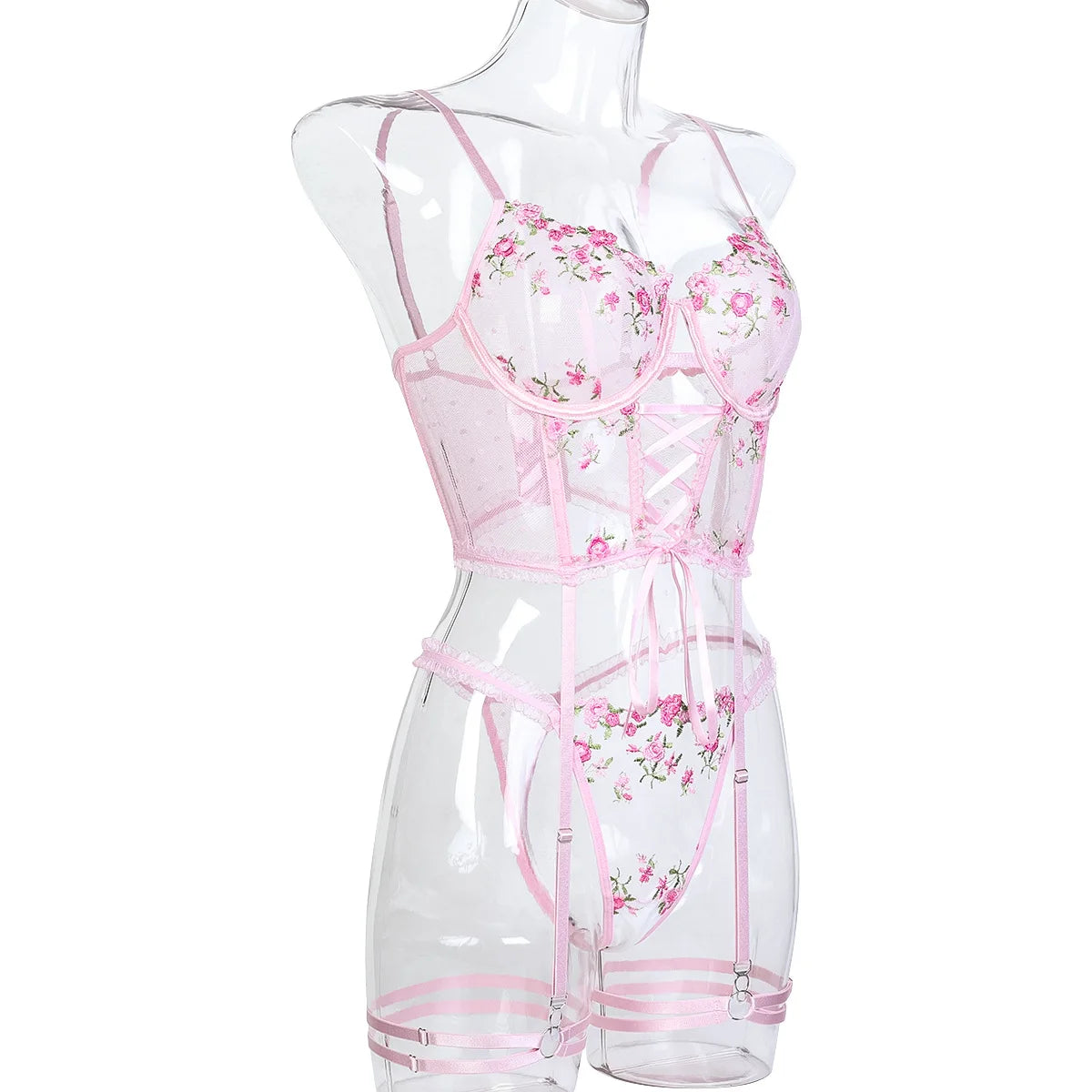 Lingerie Embroidery Printing Bra Garters Set For Women Mesh See- Through Hollow Out Exotic Sexy Underwear Suit