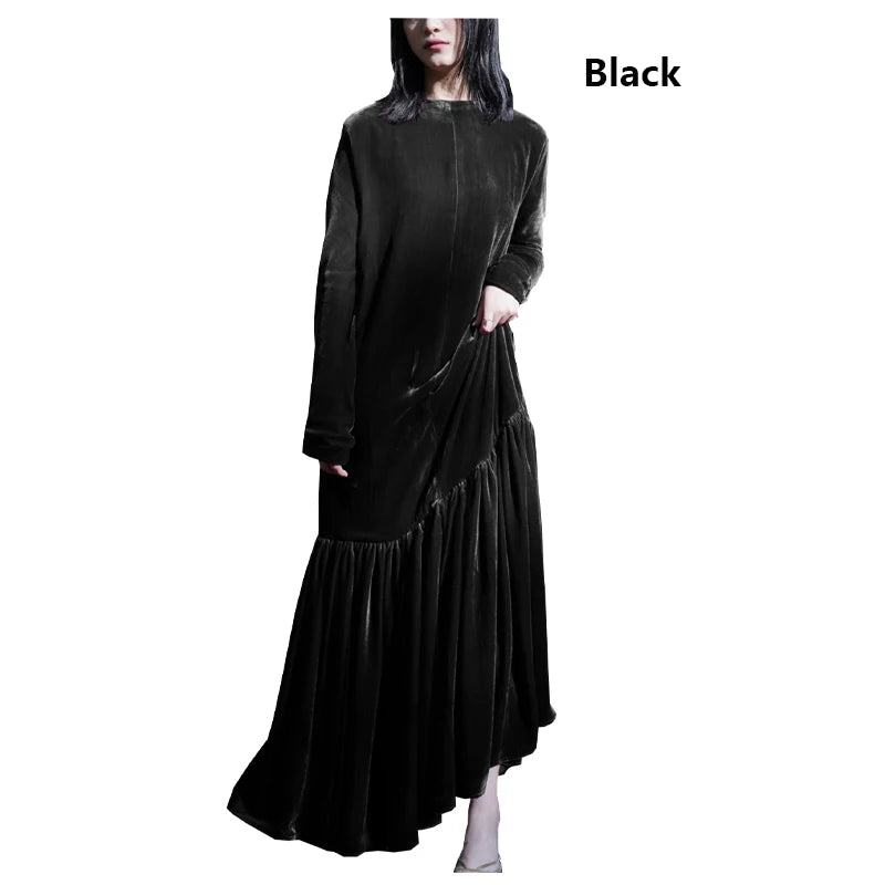 Light Luxury Natural Silk Velvet Women's Dress  Long Sleeve Long Floor-length Dress Temperament Elegant Casual Spring Autumn