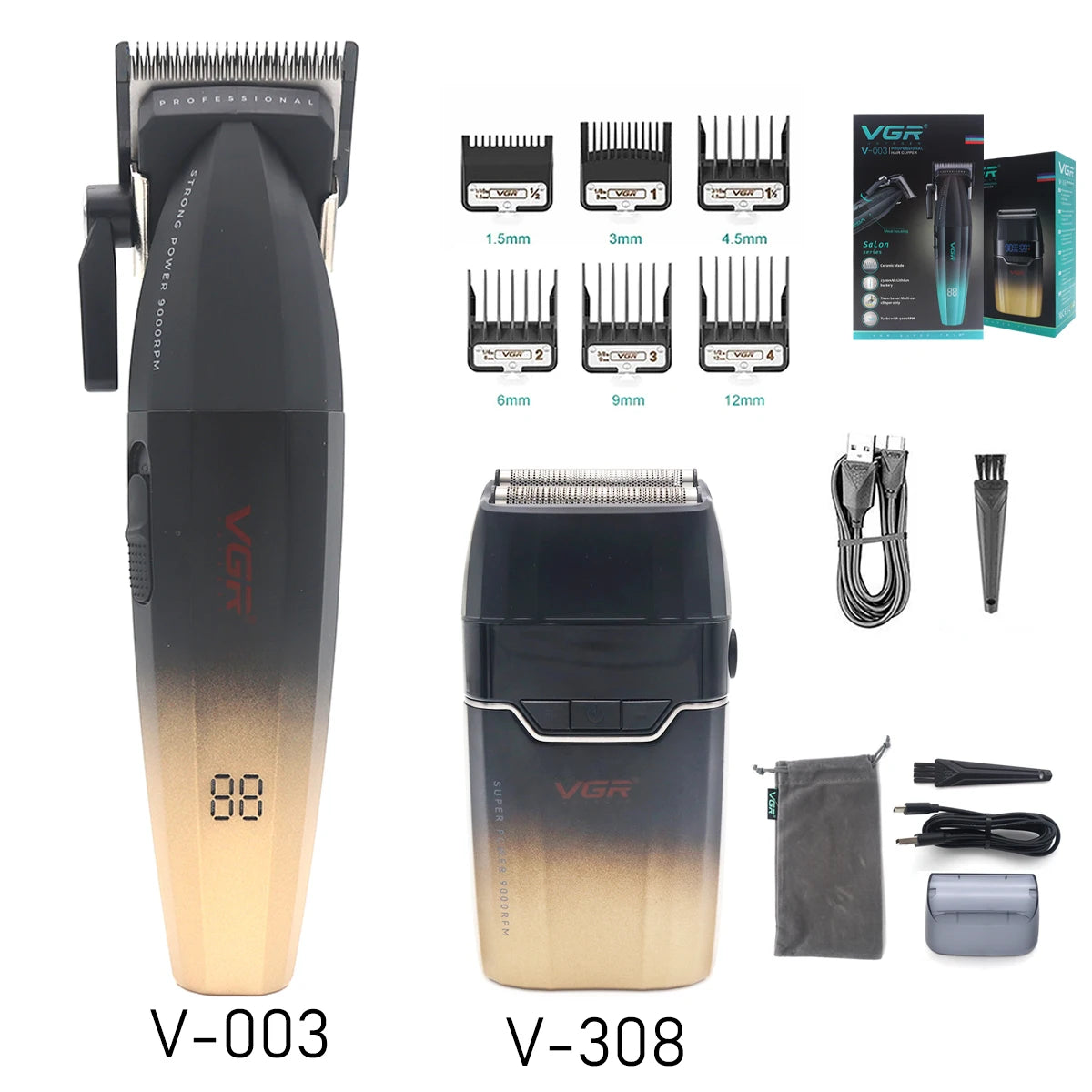 VGR V308 Beard Trimmer for Men Double Foil Full Metal LCD Display 9000RPM Electric Shaver Barber Professional Barber Machines