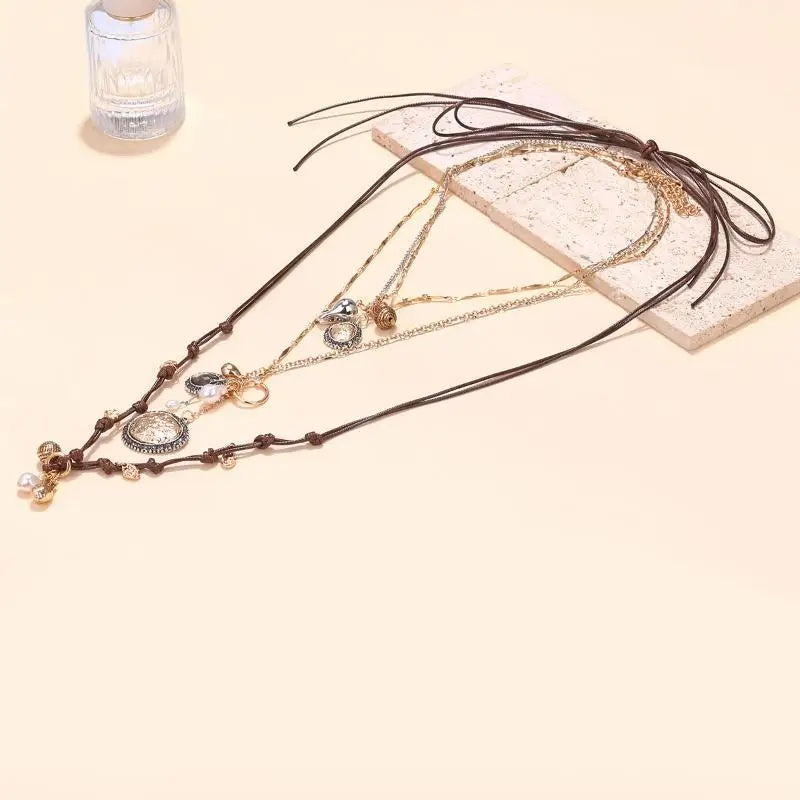 Stylish Women's Bohemian Necklace with Round Coin Badge Pendant; Multi-layer Rope Chain Party Accessory.