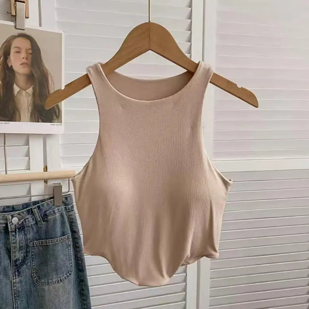 Summer Women Tank Tops Camisole  With Padded Bra Solid Color Sexy Off Shoulder O Neck Elastic Sport Vest  Push Up Base Shirt