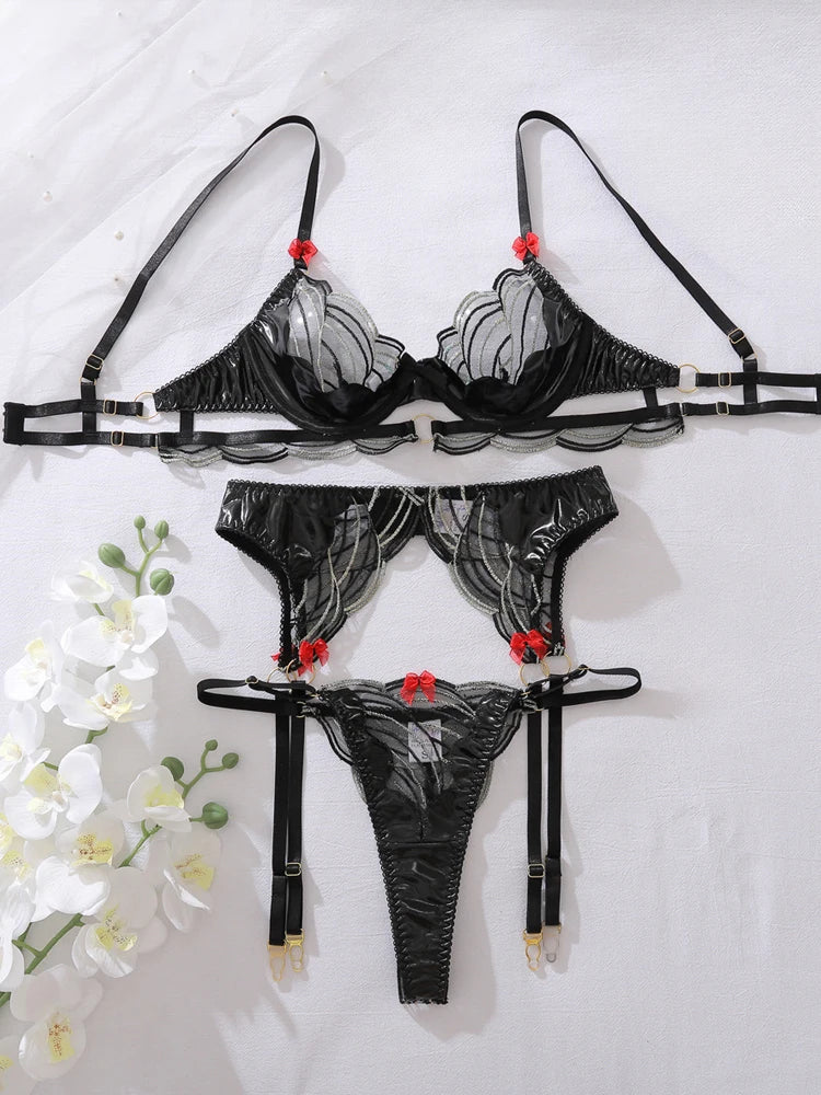 Lingerie Sexy Bra Set Women Black Underwire Geometry Embroidery Garter Belt Pants Fancy Underwear Hot Exotic Sexy Lingerie