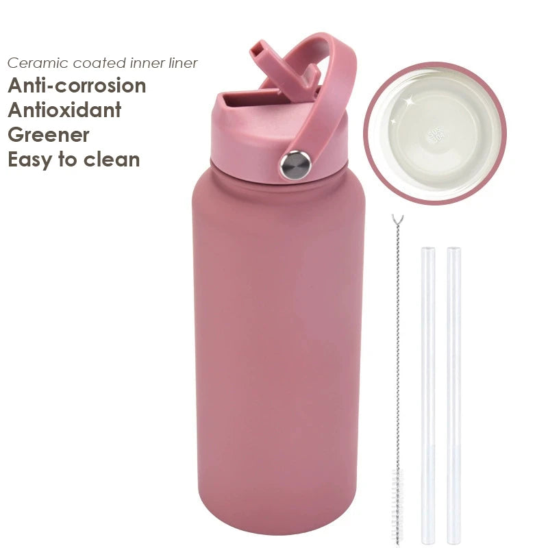 1000ML Water Bottle With Straw Lid Vacuum Insulated FlaskThermos Tumbler Ceramic Anti-Corrosion Coating Custom Gifts
