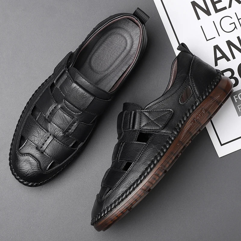 Genuine Leather 2024 Summer Special Offer Men's Business Casual Hollow Work with Holes Leather Sandals Men's Work Hole Sandals