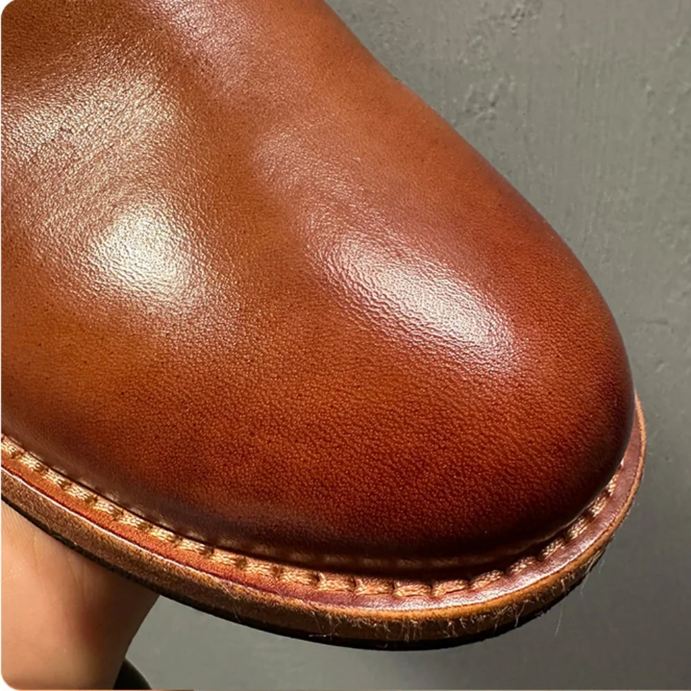Handmade horsehide casual ankle boots Chelsea boots for men genuine leather sole adjustable strap decoration zip business style