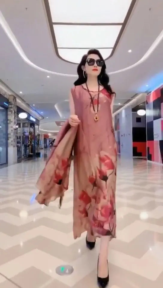 Authentic Silk Dress for Mother, Silkworm Loose Dress, High-End Print, 2-Piece Dress, Women's Dresses, Spring, Summer, New, 2023