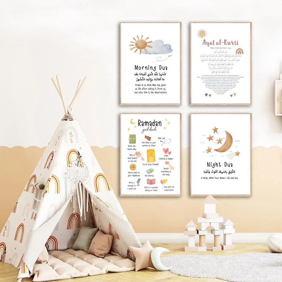 Cartoon Islamic Ayat Al-Kursi Quran Quotes Sun Moon Wall Art Canvas Painting Posters And Prints Picture For Baby Kids Room Decor