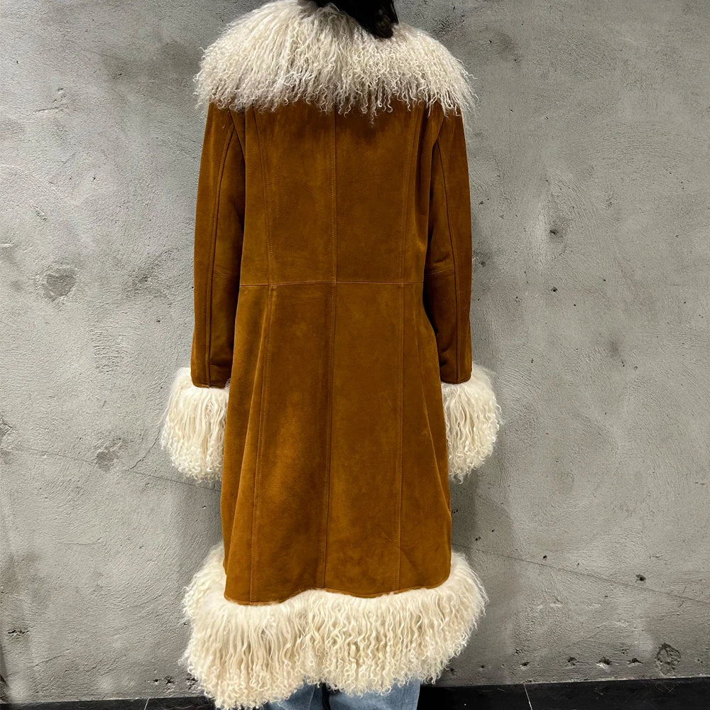 Winter Suede Long Fur Coat Mongolia Long Sheep Fur Collar New Arrival Camel Fur Jacket