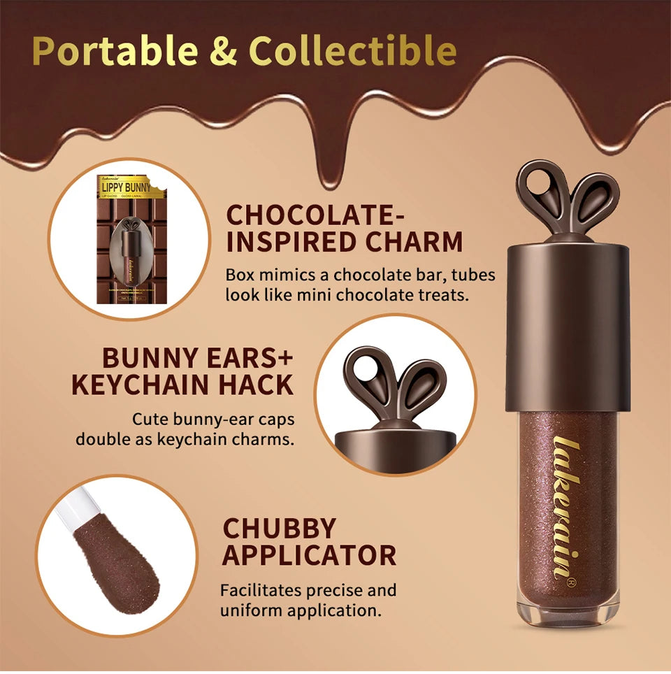 Lakerain Chocolate Rabbit Lip Gloss Mirror Effect Moisturizing Smooth Non-Sticky Long Lasting Hydration Lippy Bunny Lipstick