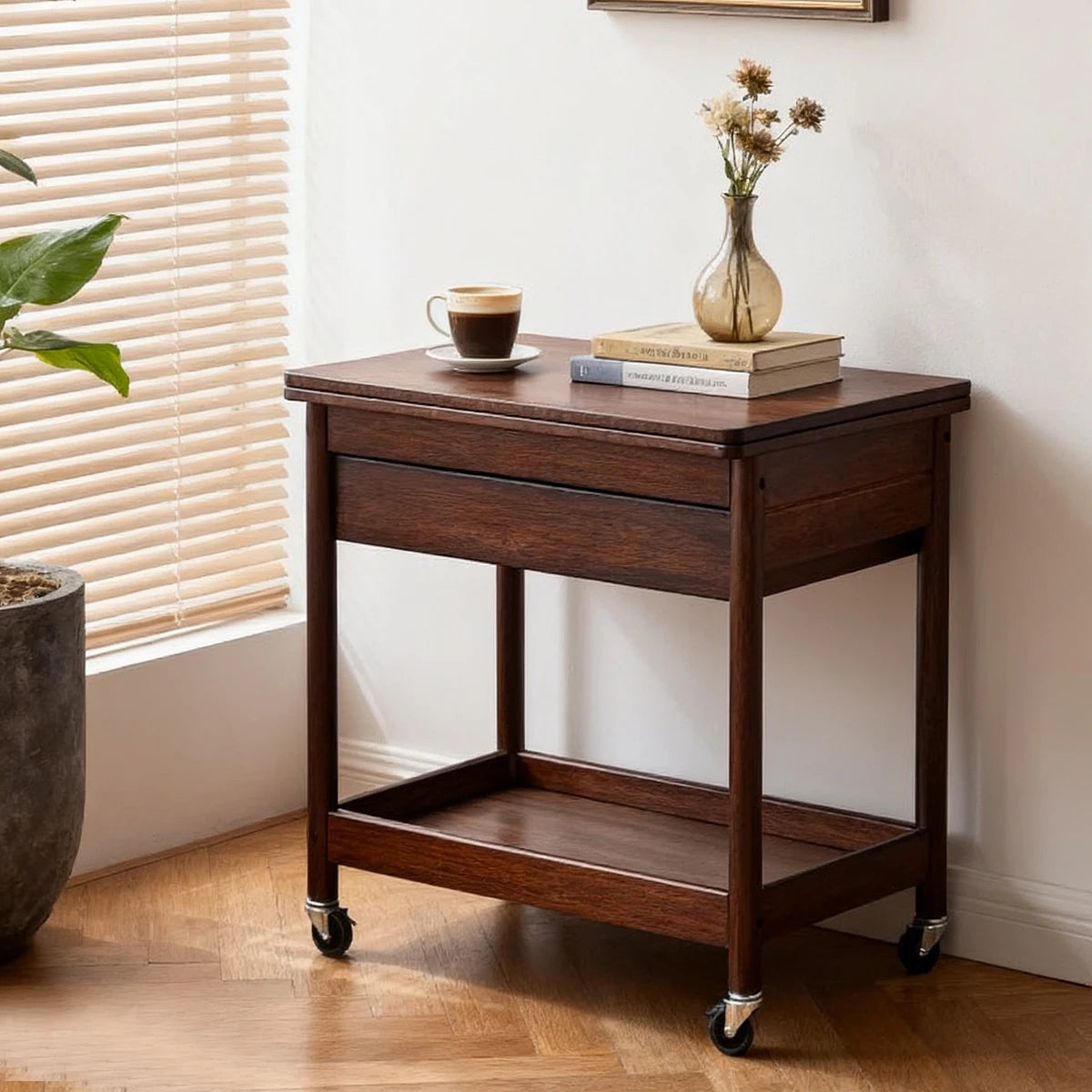 Space-Saving Extendable Foldable Dining Table with Drawer & 4 Wheels - Farmhouse Walnut Color for Living Room Kitchen