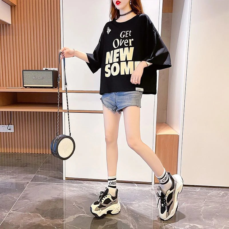 Women's T-shirt Summer Outfit Graphic Short Sleeve Cotton Top Female Baggy Trending Clothing Korean Popular Clothes Cheap Woman