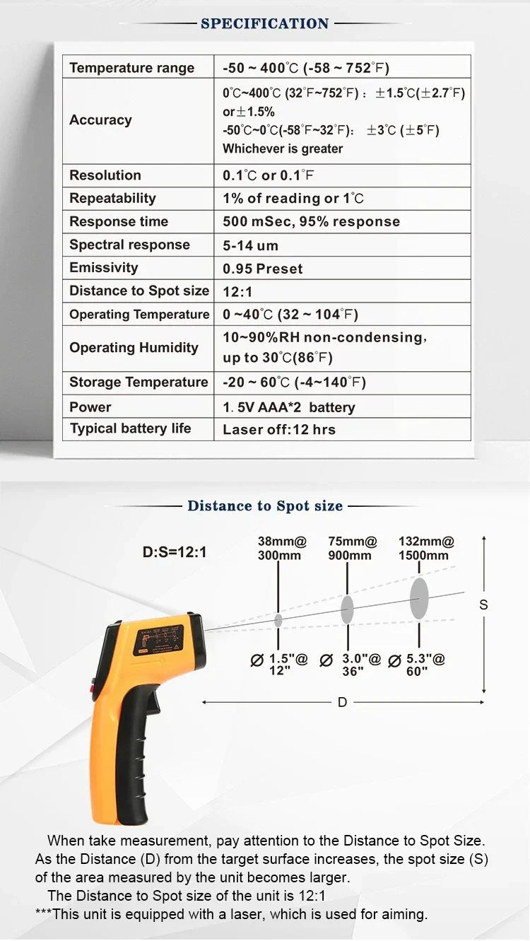 LCD Digital Laser Temperature  Meter Gun High-precision Infrared Thermometer -50~400°C Laser Positioning Non-contact Thermometer