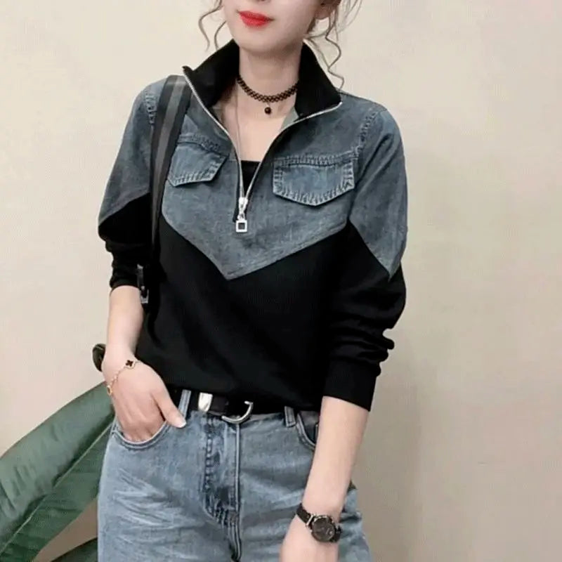 Women's Spring New Casual Half Zipper Denim Splicing Korean Version Loose Everything Shirt Contrast Color Stand Collar T-Shirts