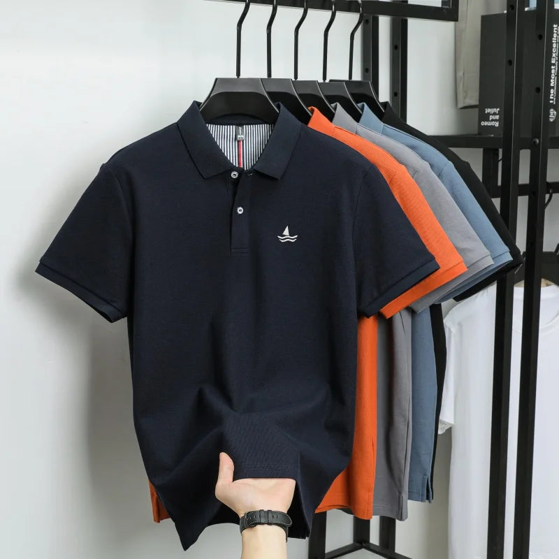 100% pure cotton men short sleeve polo shirt fashion exquisite sailboat embroidery summer comfort business casual lapel T-shirt