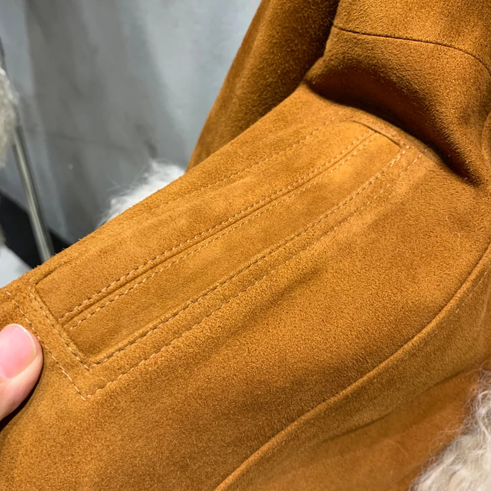 Suede Coat Fur Collar Women Autumn Genuine Sheepskin Coat Long with Mongfolian Fur Trim