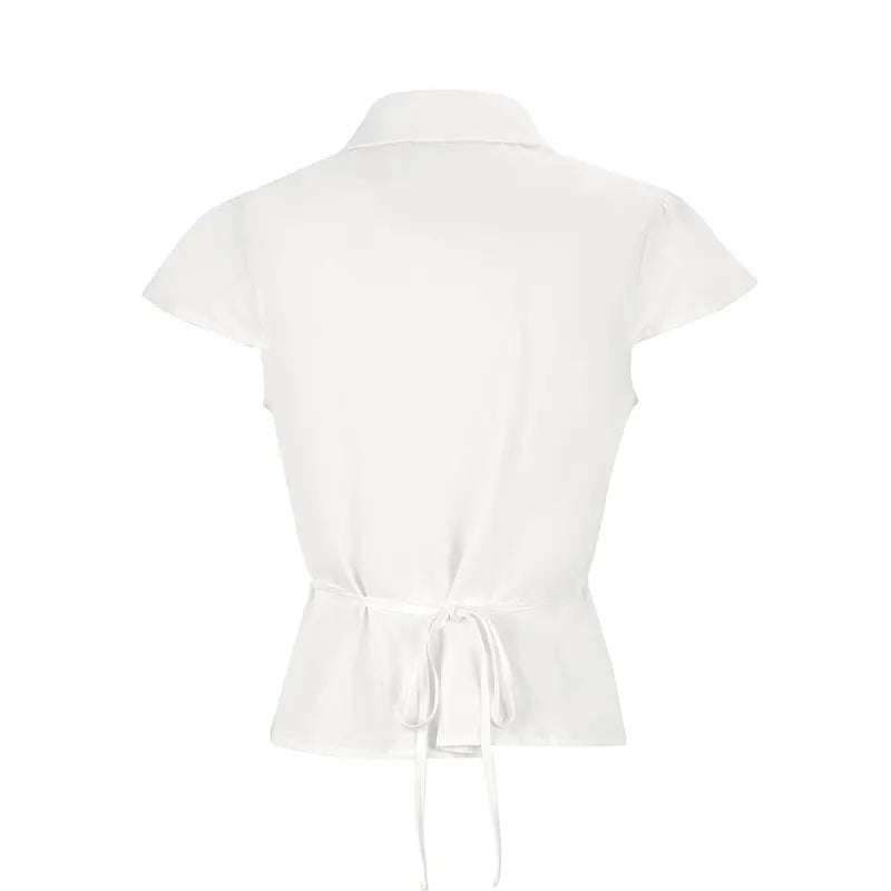 Summer Women Blouses T-shirt Streetwear New Fashion Button Turn-down Collar Casual Slim Tees Top Elegant Lady Versatile Clothing