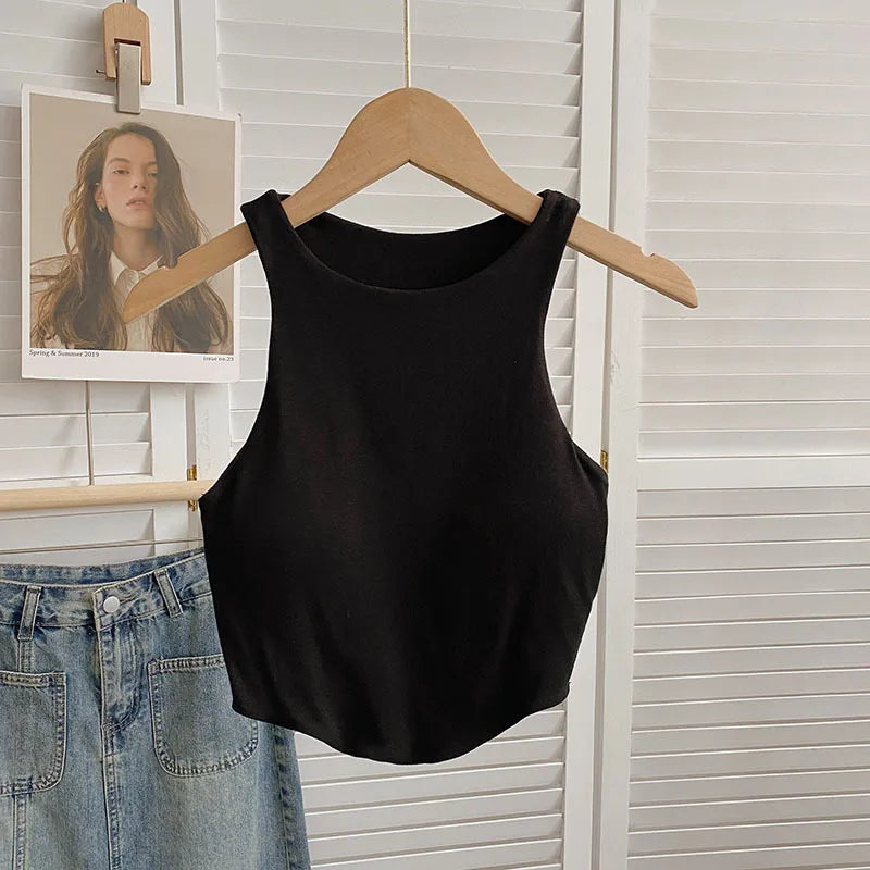 Summer Women Tank Tops Solid Color Camisole with padded Bra sexy Off Shoulder O Neck Elastic Tank Top Casual Sport Vest
