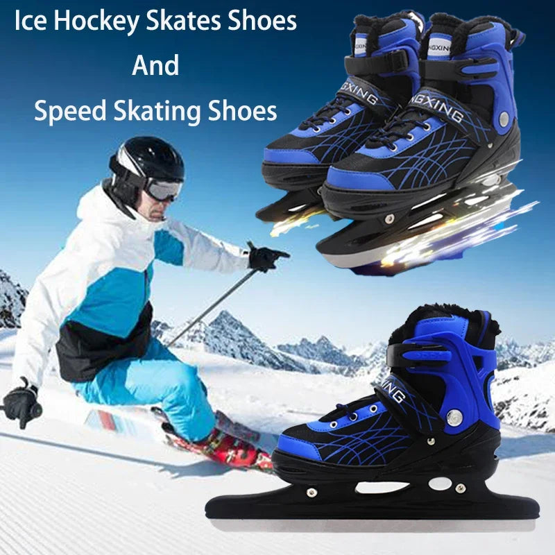 Adjustable Size Speed Skating Shoes Thermal Stretchable Ice Skates Ski Shoes Thicken with Ice Blade for Kids Adult Men And Women