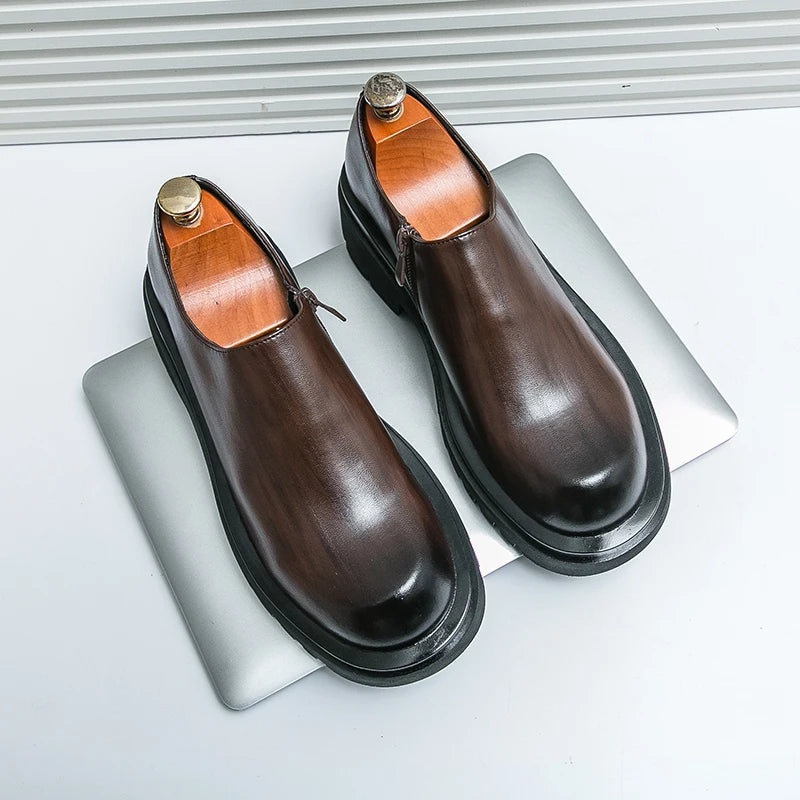 Spring New Men's Side Zipper Comfortable Cowhide Oxford Shoes Fashion Brand Classic Brown Men's Breathable Casual Leather Shoes