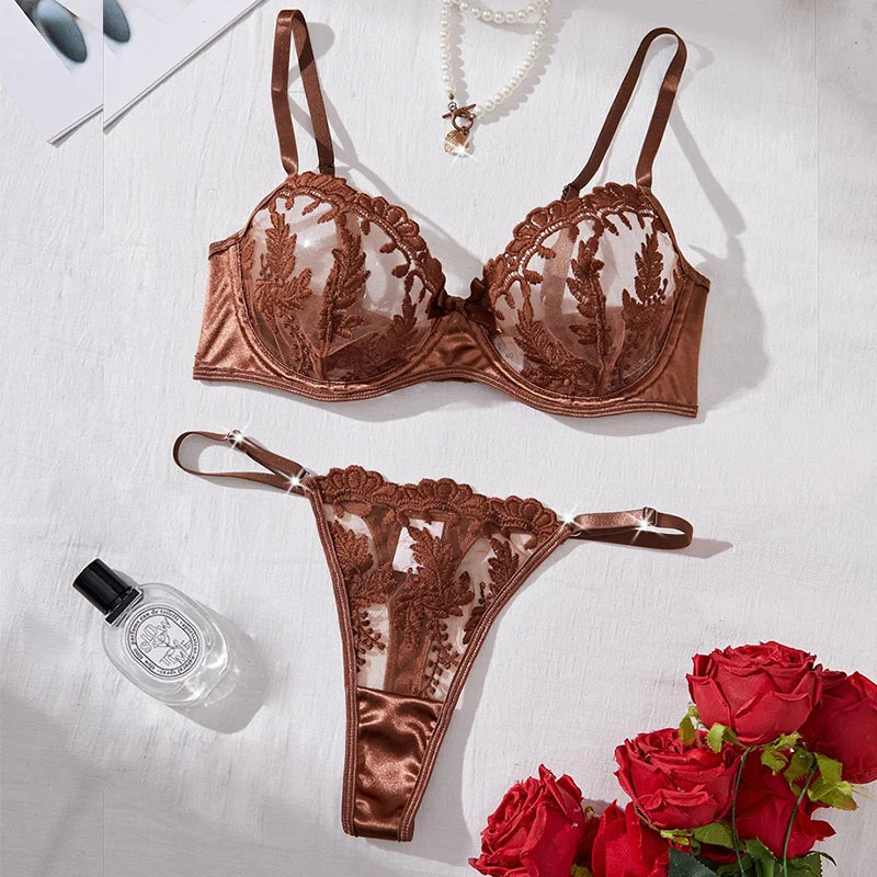 Sexy Lingerie for Women Mesh Embroidery Lingerie Set Three-Point Transparent Underwear Fantasy Female Intimate Erotic Lingerie
