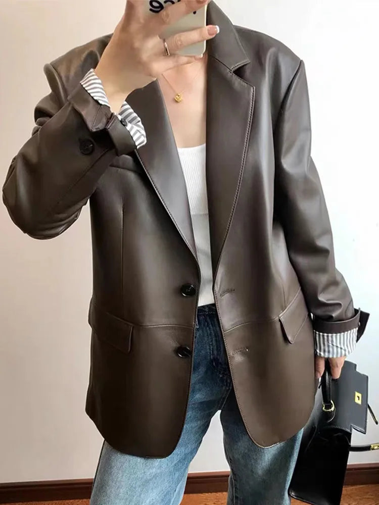 European American Streetwear Leather Jacket For Women Chic Loose Fit Suit Coat Female Flip Pocket Two Bottons White Blazer Mujer