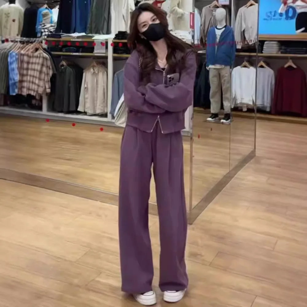 Pant Sets Two Pieces Hooded Hoodies Matching Sets Zipper Sweatshirts Long Sleeve Loose Drawstring Straight Pants Casual