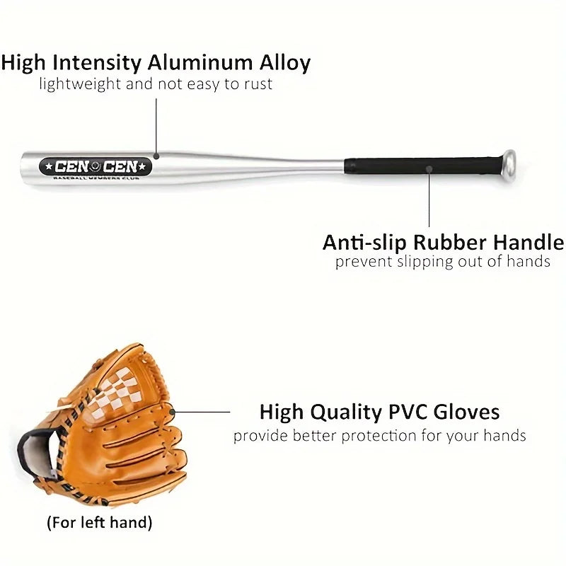 Baseball Balls Set 63.5cm Aluminum Alloy Baseball Bat PVC Baseball Glove Baseball Kit for Beginners Games and Batting Practice