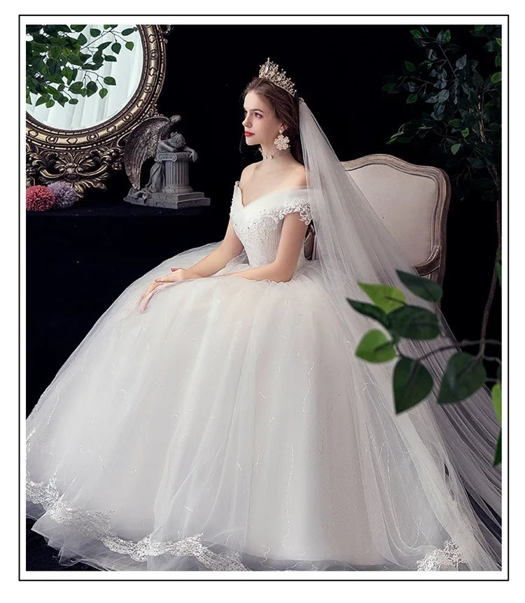 Shiny Wedding Gowns Sweet Boat Neck Wedding Party Ball Gown Off Shoulder Wedding Dresses Customized For Women