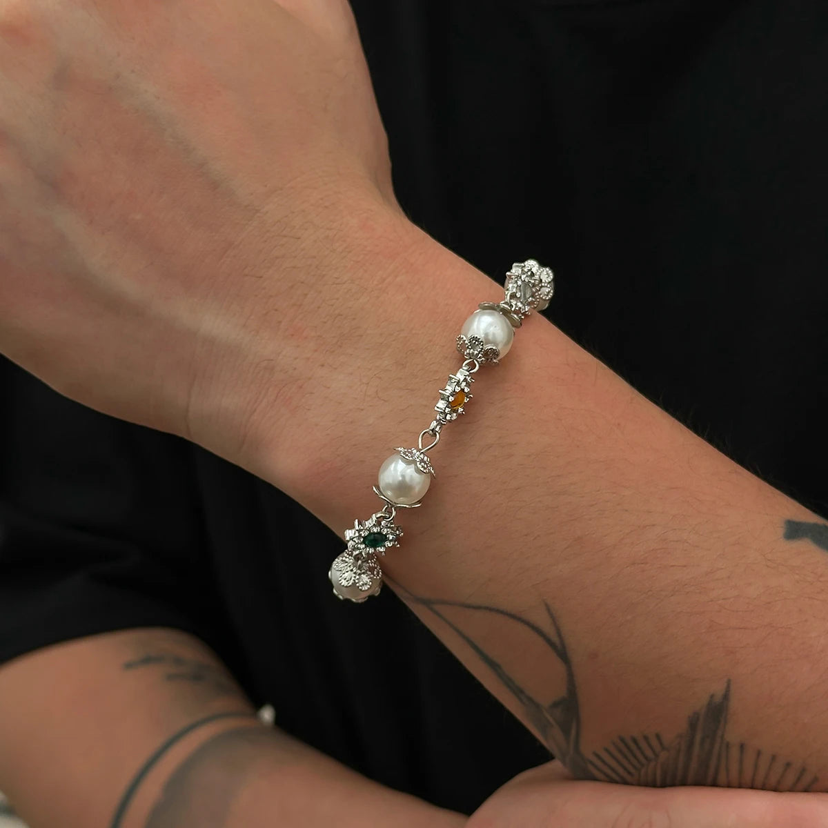 KunJoe Creative Shining Inlaid Rhinestones Imitation Pearl Bracelet for Men Fashion Statement Hand Bracelet Male Street Jewelry