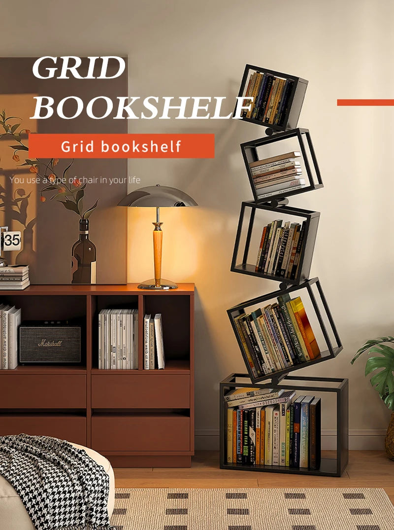 5 Layer Grid Bookshelf Modern Simple Foldable Storage Metal Living Study Room Decoration Corner Arrange Floor Standing Bookshelf