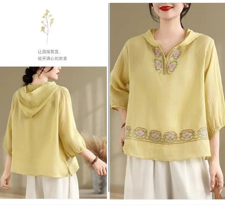 Summer New Embroidered T-shirt Casual Versatile Seven Sleeve Temperament Hoodie Lightweight Hoodie Top for Women