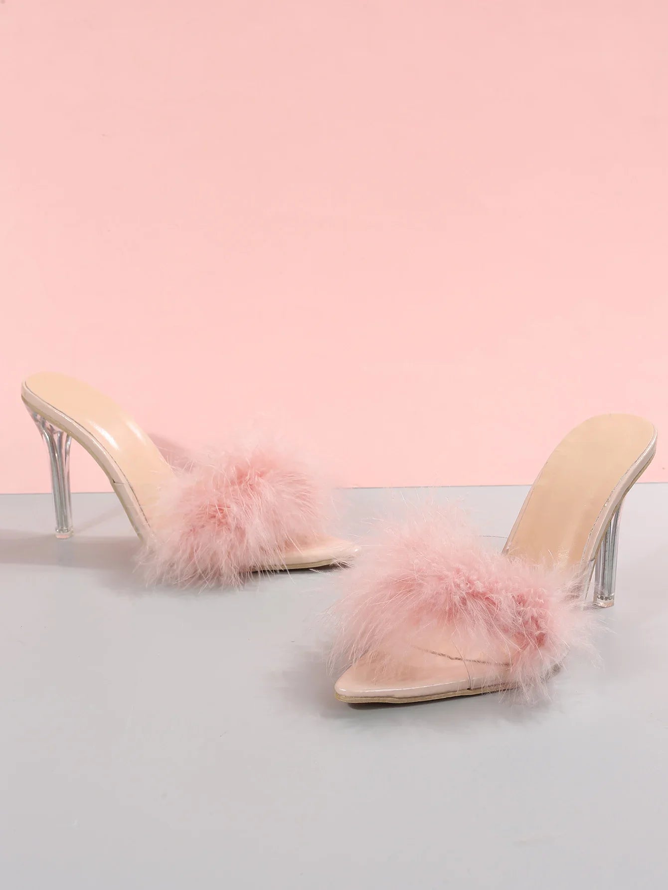 Women's Slippers 2024 Pink Feather Peep Toe Pointed Slippers Sexy Slip on Clear Heel Slides Women Thin Heels Summer Footwear