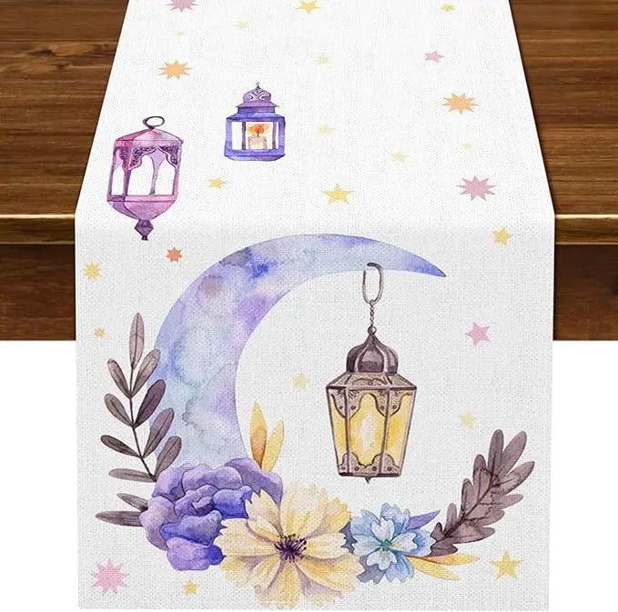 Lantern Star Moon Ramadan Table Runner, Eid Kitchen Dining Table Decoration, Home Party Decor, Seasonal, 13x72 Inch