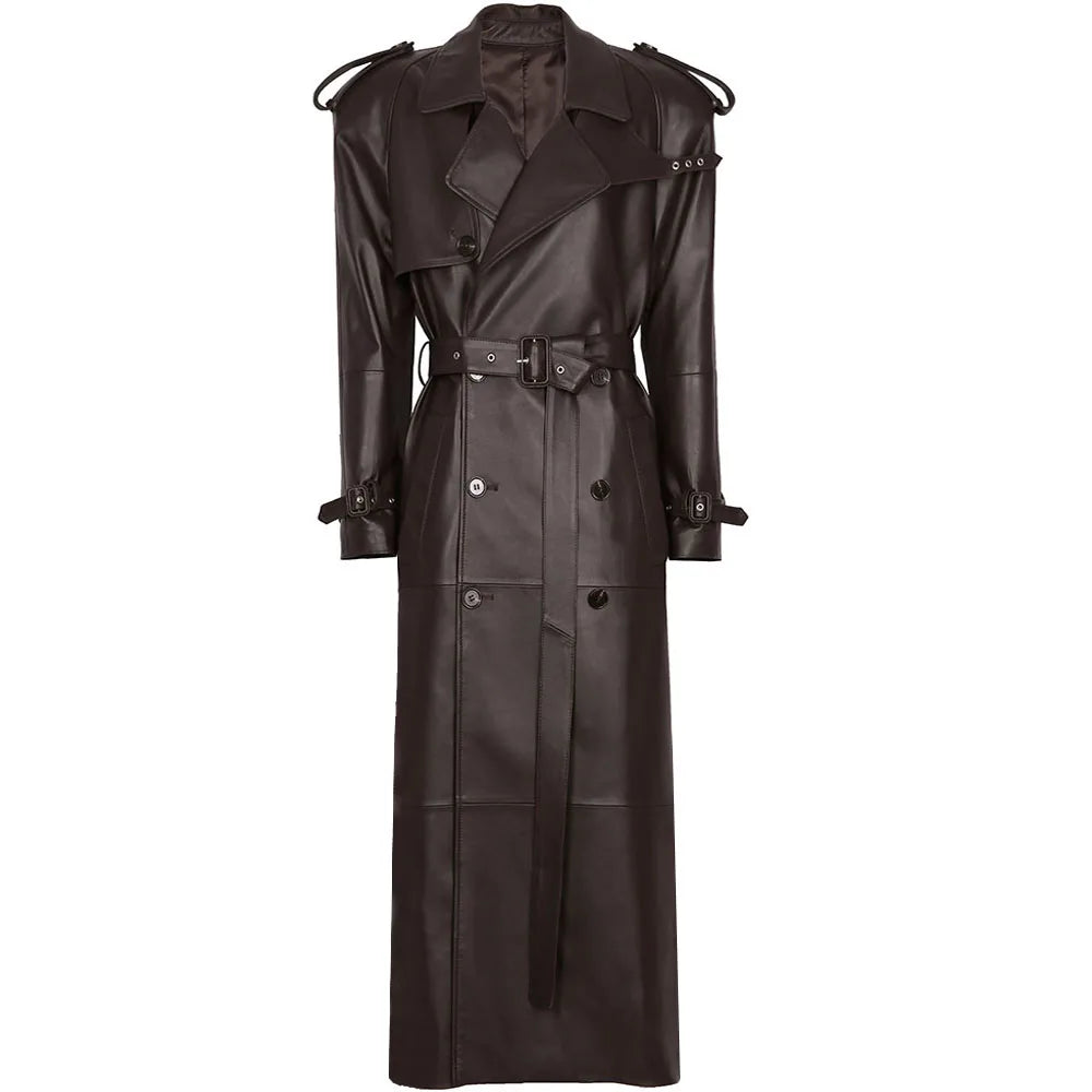 YOLOAgain 150cm Extra Length Real Leather Trench Coat Women Double Breasted Suede Coat Female