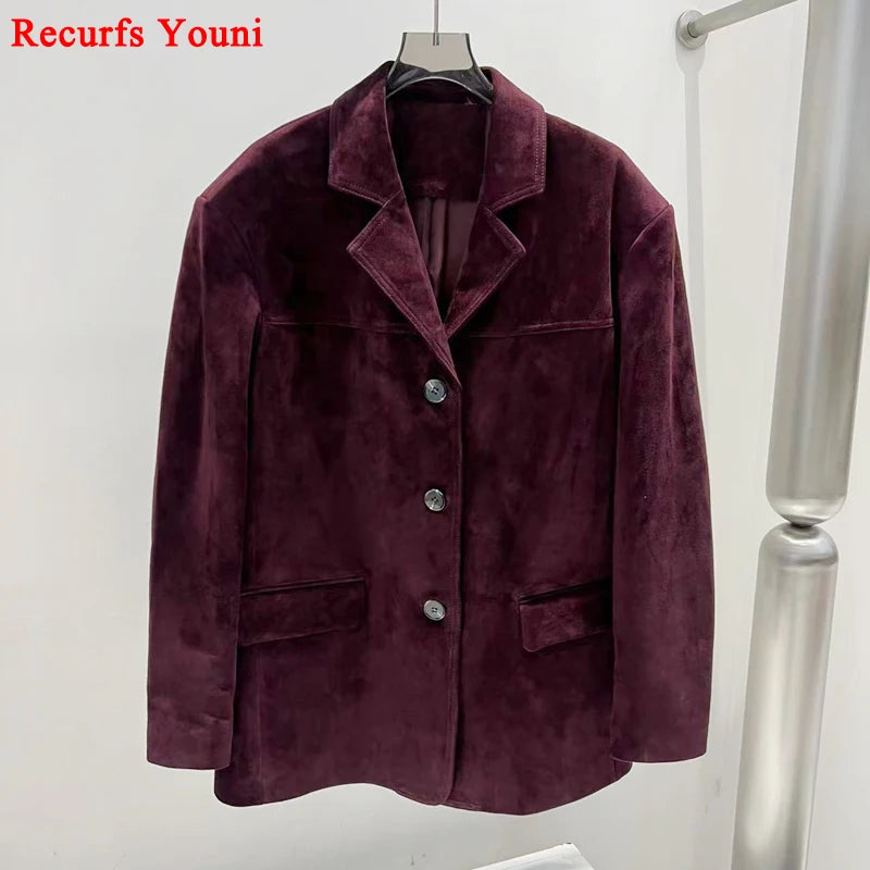 French High-end Western-style Leather Jacket for Women 2025 New Color Purple Red Oversized Casual Kid Suede Suit Blazer Outwears