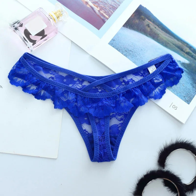 Women Sexy Thongs  Scalloped Floral Lace Fine Lingerie Low Waist Translucent Breathable Hollow Sheer Sexy Intimate Lingerie
