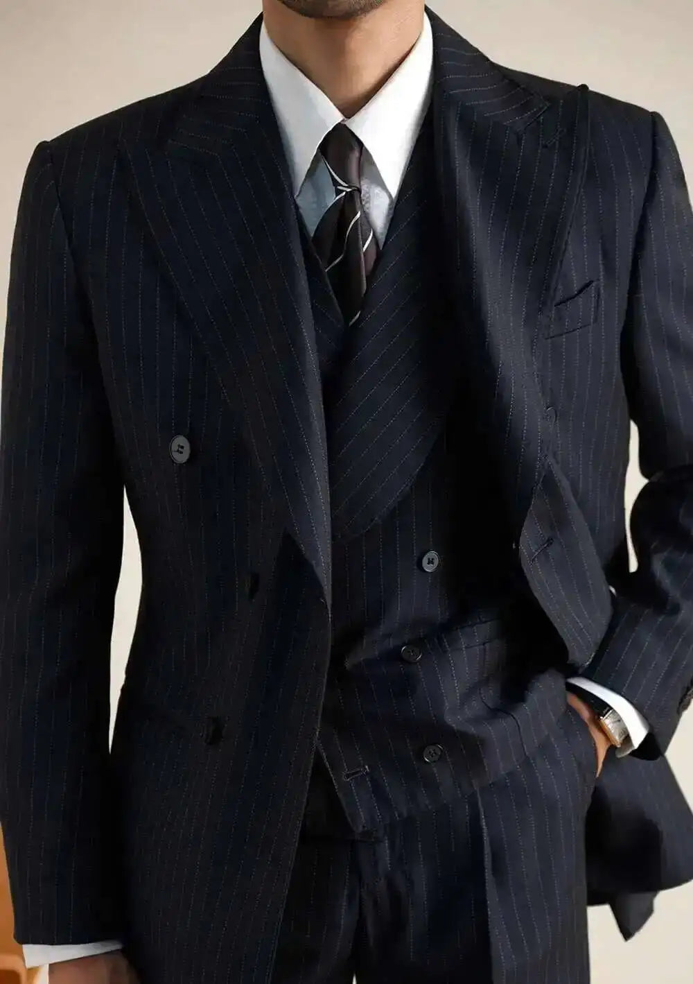 Wool Italian Blazers Suit For Men Business Double Breasted Wedding Tuxedo Suit Smoking Homme Mariage Striped Suit 3 Piece Homme