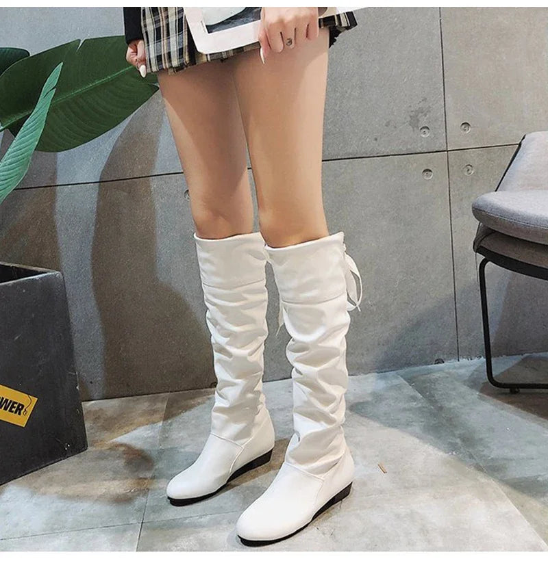 Shoes For Women  Knee High Boots Red Black White Tall Boots Woman Pleated Low Heel Casual Leather Female Long Shoes