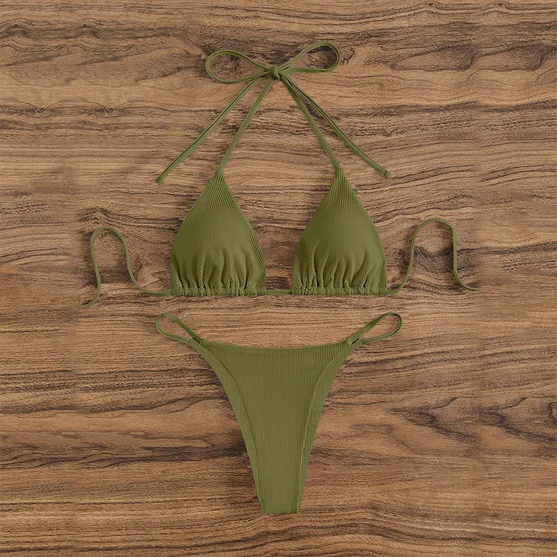 Bathing Suit Women Sexy Solid Halter Swimsuit Special Stripe Fabric Bikini Set Drawstring Lace Up Two-piece Split Beach Biquini