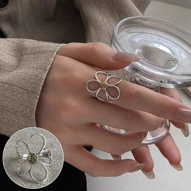 Sterling Silver Rings for Women Couple Minimalist Handmade Simple Big Flower Ring Party Jewelry Gift Prevent Allergy