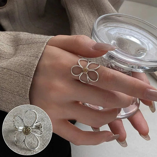 Sterling Silver Rings for Women Couple Minimalist Handmade Simple Big Flower Ring Party Jewelry Gift Prevent Allergy